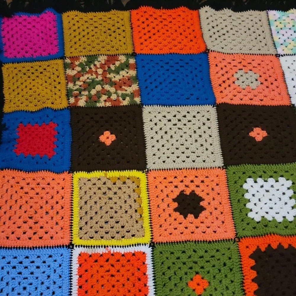 VTG Crochet Blanket Granny Square Fringe Afghan Throw 79x63